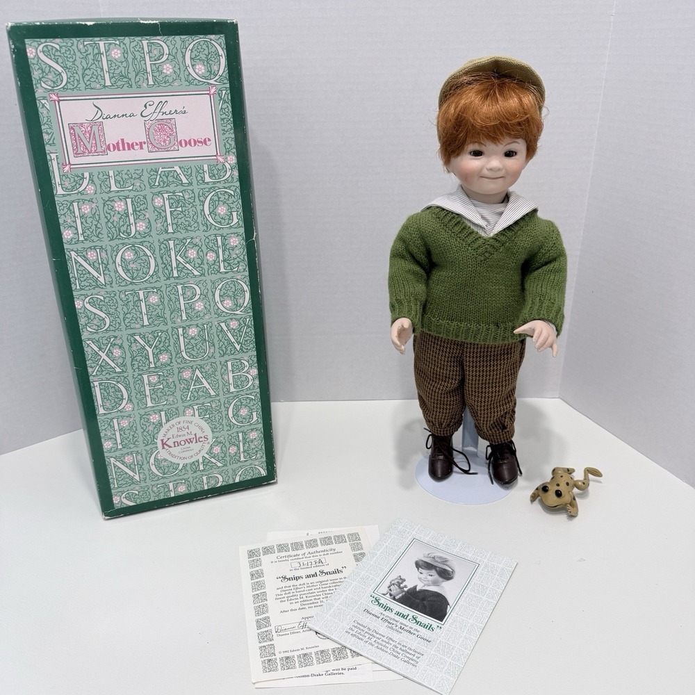 1992 Dianna Effner Mother Goose Snips and Snails Porcelain Doll -Stand, COA, Box